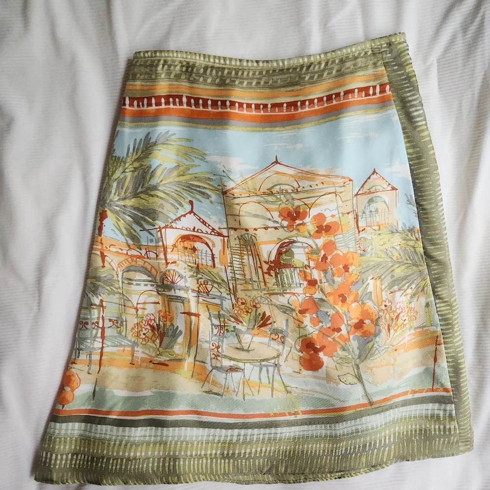 Sigrid Olsen 100% Silk Skirt Artsy Outdoor Cafe Print Sz 4 Nwot. SKIRT ONLY